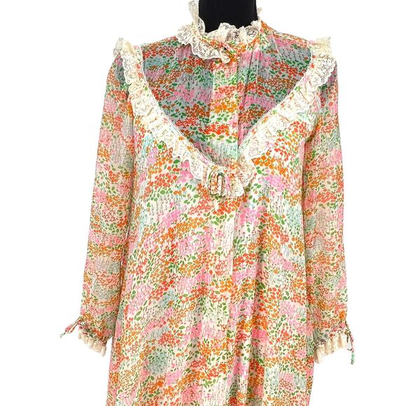 Vintage Saks Fifth Avenue 70's Tulip Print‎ Chiffon Lace Robe - Picture 3 of 11